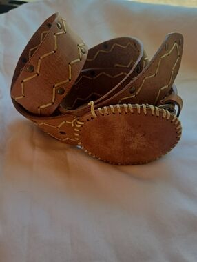 Men's Brown Leather Stitched Belt with Oval Buckle